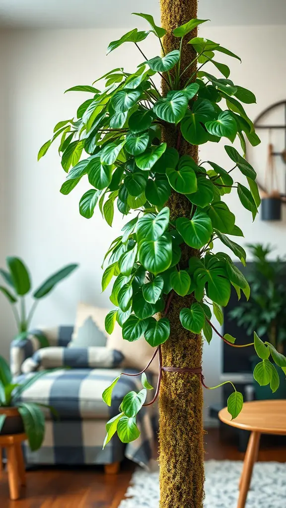 15 Stunning Monstera Plant Varieties You Need to Know About 2 Monstera Borsigiana plant climbing a moss pole in a cozy living room