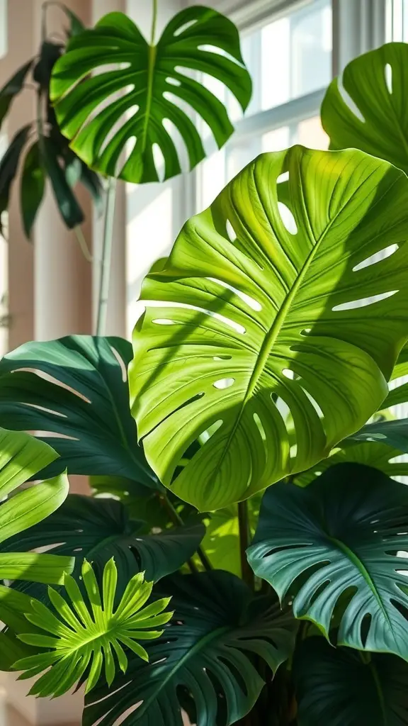 15 Stunning Monstera Plant Varieties You Need to Know About 9 A close-up of Monstera Deliciosa leaves showcasing their unique splits and holes.