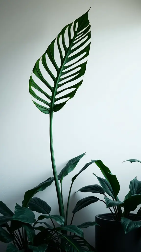 15 Stunning Monstera Plant Varieties You Need to Know About 16 A Monstera Esqueleto plant with large, cut-out leaves against a light background.