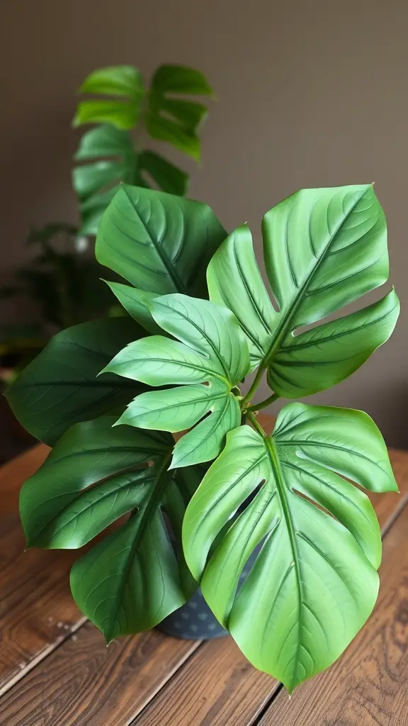 15 Stunning Monstera Plant Varieties You Need to Know About 3 A close-up of Monstera Pinnatipartita leaves on a wooden table.
