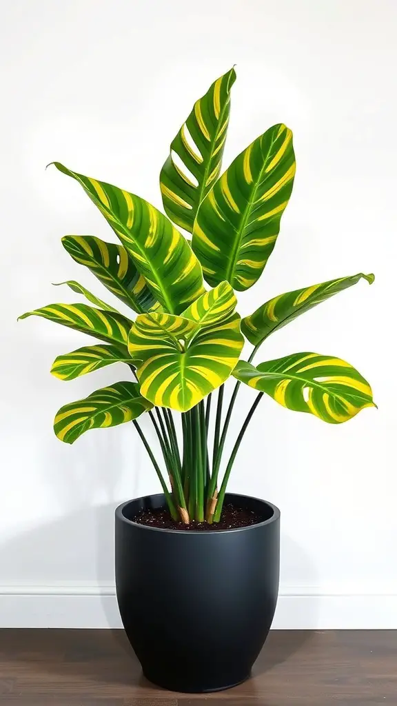15 Stunning Monstera Plant Varieties You Need to Know About 7 A Monstera Standleyana plant with vibrant green leaves and yellow variegation in a black pot.