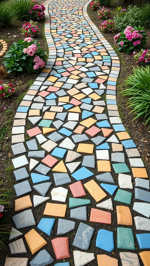 19 Enchanted Garden Ideas to Transform Your Outdoor Space 9 Colorful mosaic stone pathway surrounded by flowers in a garden