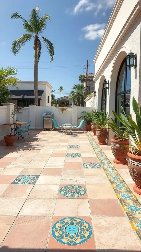 27 Affordable Patio Floor Ideas That Transform Your Outdoor Space 15 A patio with mosaic tile accents featuring circular patterns in blue and yellow, surrounded by neutral stone tiles and potted plants.