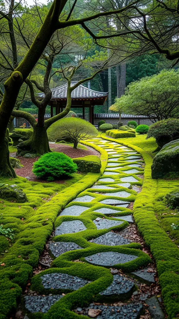 A winding moss-covered pathway in a Japanese garden, surrounded by lush greenery and stone features.
