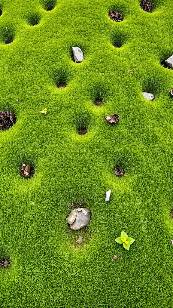 21 Inspiring Japanese Garden Ideas You’ll Love 15 A close-up view of a lush green moss garden with small stones and delicate flowers.
