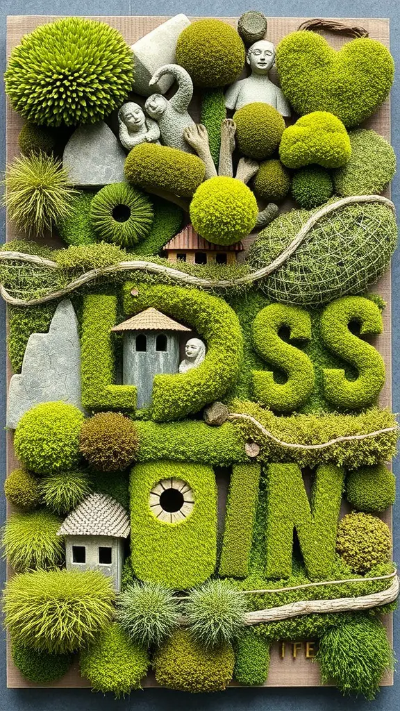 17 Creative Indoor Garden Ideas to Transform Your Space 11 A vibrant moss wall art piece featuring various shades of green, small figurines, and miniature houses.