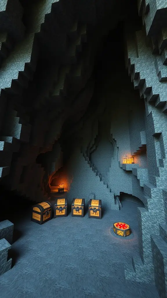 19 Creative Minecraft Storage Room Ideas You Need to Try 6 A mountain cave storage area with chests and torches