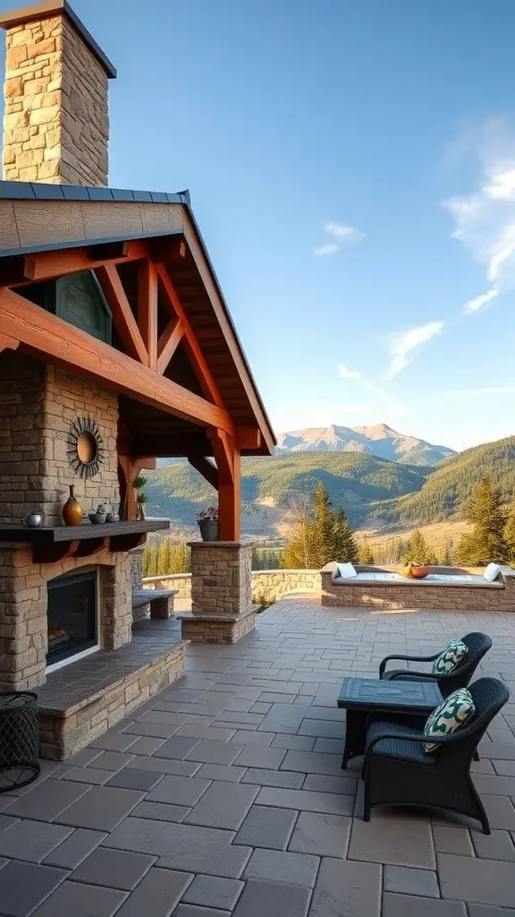 27 Cozy Outdoor Covered Patios with Fireplaces for Ultimate Comfort 14 Outdoor covered patio with a stone fireplace and mountain view