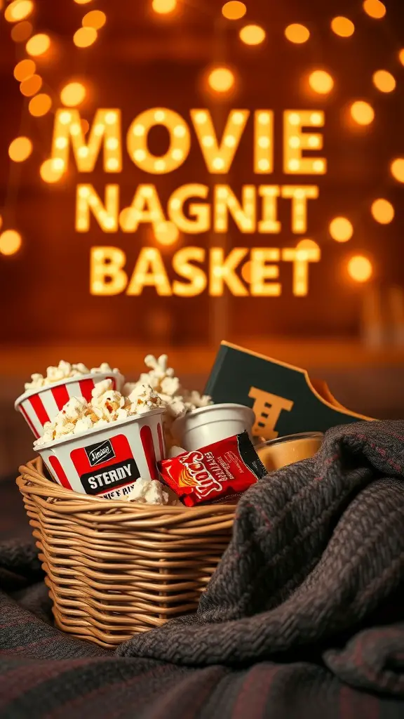 15 Creative Dollar Tree Gift Basket Ideas for Any Occasion 9 A cozy movie night basket filled with popcorn, candy, and a warm blanket, set against a backdrop of soft lights.