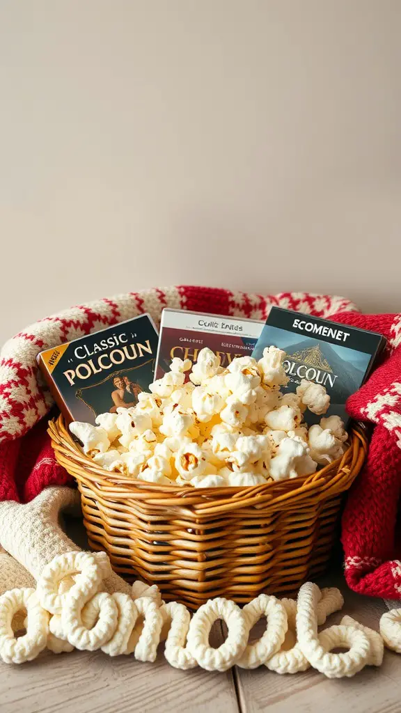 21 Creative Auction Basket Ideas You’ll Love 8 A cozy basket filled with popcorn and movie DVDs, draped with a warm blanket.