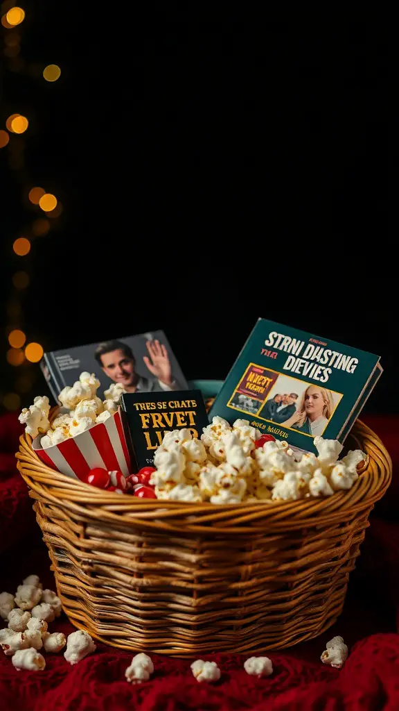 19 Creative Raffle Basket Ideas You’ll Love 6 A wicker basket filled with popcorn, candies, and movie titles, set against a dark background with soft lights.