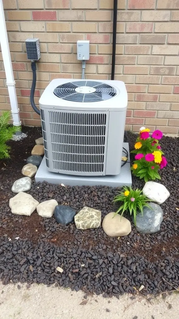 17 Creative Landscaping Ideas to Hide Your AC Unit 5 AC unit surrounded by a mulch bed, stones, and colorful flowers
