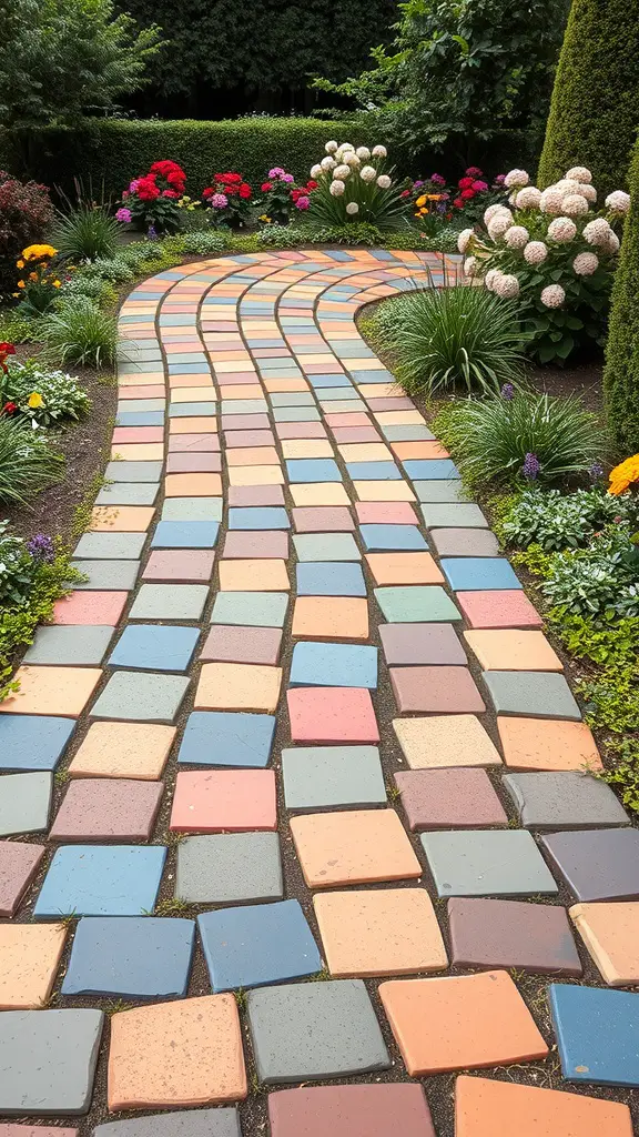 A winding multi-colored flagstone pathway surrounded by vibrant flowers and greenery.