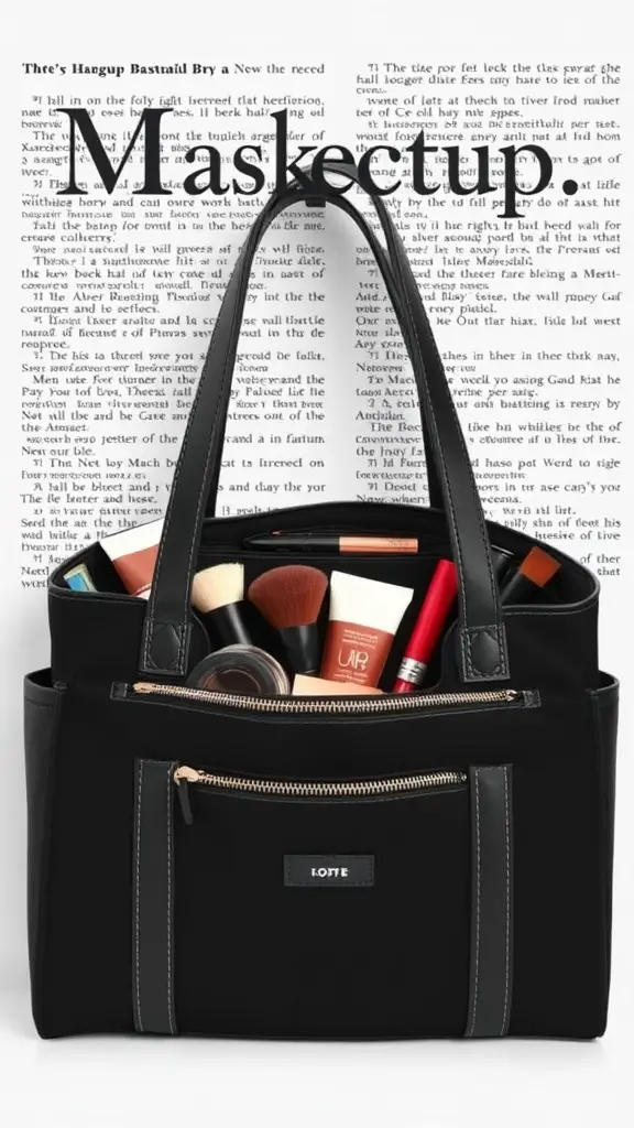 19+Creative Makeup Storage Ideas You Need to Try 16 A stylish black multi-compartment tote filled with makeup products, showcasing its organized design.