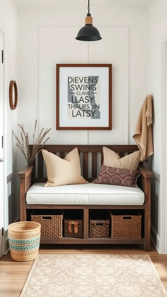 A cozy entryway with a multi-functional bench featuring storage baskets, a cushion, and decorative wall art.