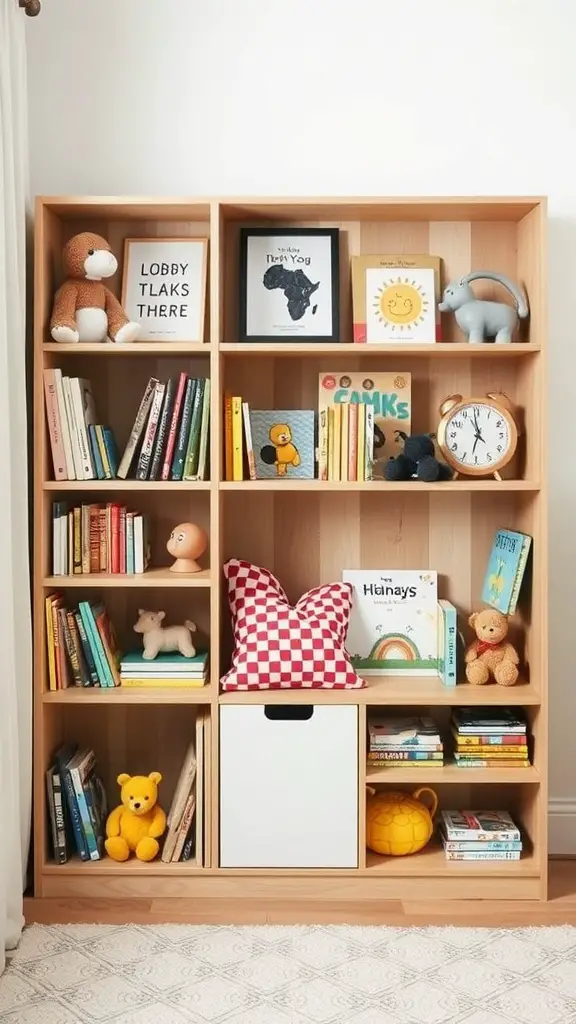 A multi-functional bookcase filled with books, toys, and decorative items, showcasing an organized and playful space.