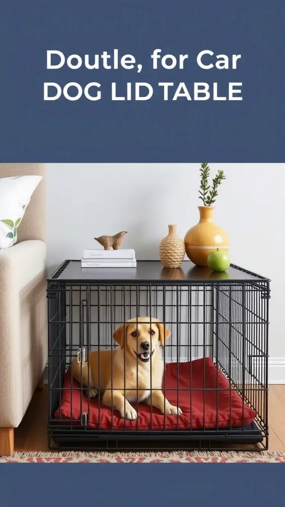 17+ Creative Dog Crate Ideas for Stylish Pet Spaces 2 A multi-functional dog crate end table with a dog inside, featuring a black metal frame and a red cushion.