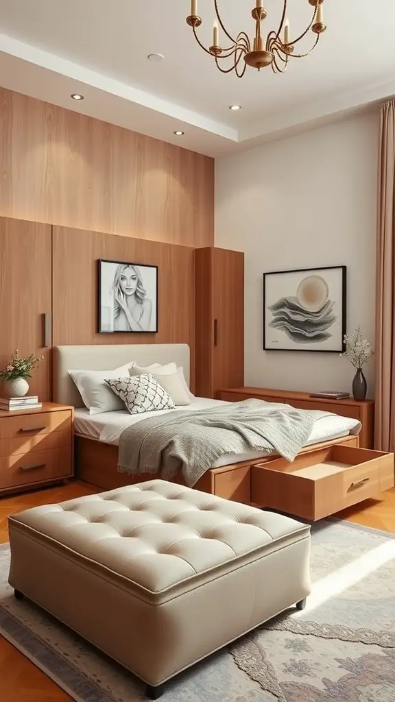 15 Creative Bedroom Storage Ideas for a Clutter-Free Space 2 A modern bedroom featuring a bed with storage drawers and a multi-functional ottoman.