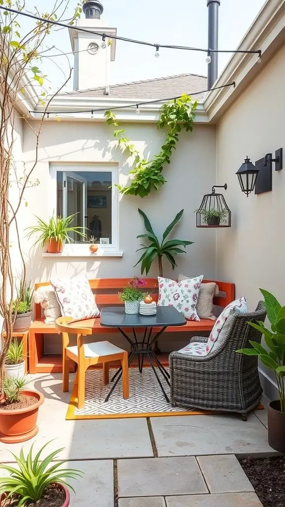 15 Creative Tiny Patio Ideas for Your Outdoor Space 10 A small patio featuring multi-functional furniture, including a storage bench and a compact table, surrounded by plants and string lights.