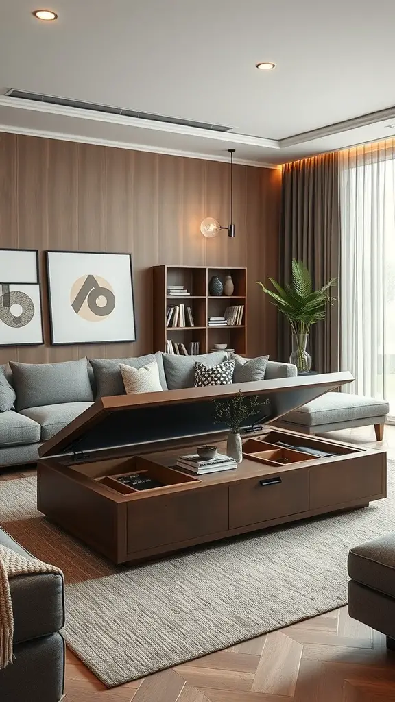 19+ Creative No Closet Solutions for Every Space 2 A modern living room featuring a multi-functional coffee table with a lift-top for storage.