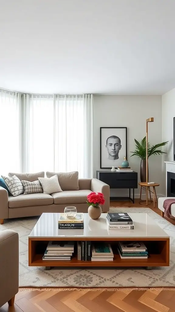 23+ Creative Book Storage Ideas for Every Space 16 A modern living room with a coffee table that has book storage, a cozy sofa, and decorative elements.