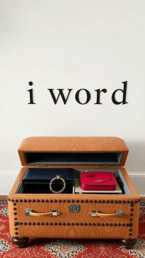 Stylish orange storage ottoman with purses inside, showcasing multi-functional furniture.