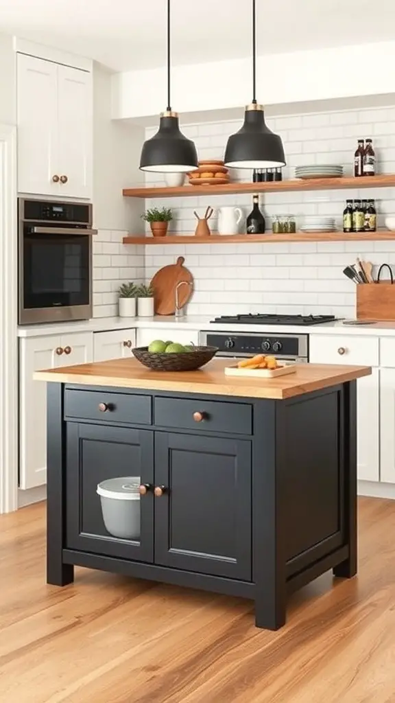 17 Smart Small Kitchen Storage Ideas You’ll Love 14 A modern kitchen with a black island, wooden countertop, and stylish pendant lights.