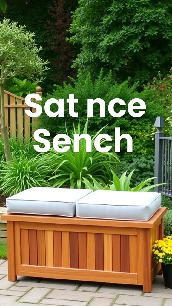 23 Stylish Outdoor Furniture Ideas for Your Dream Patio 5 A wooden outdoor storage bench with cushions, surrounded by greenery.