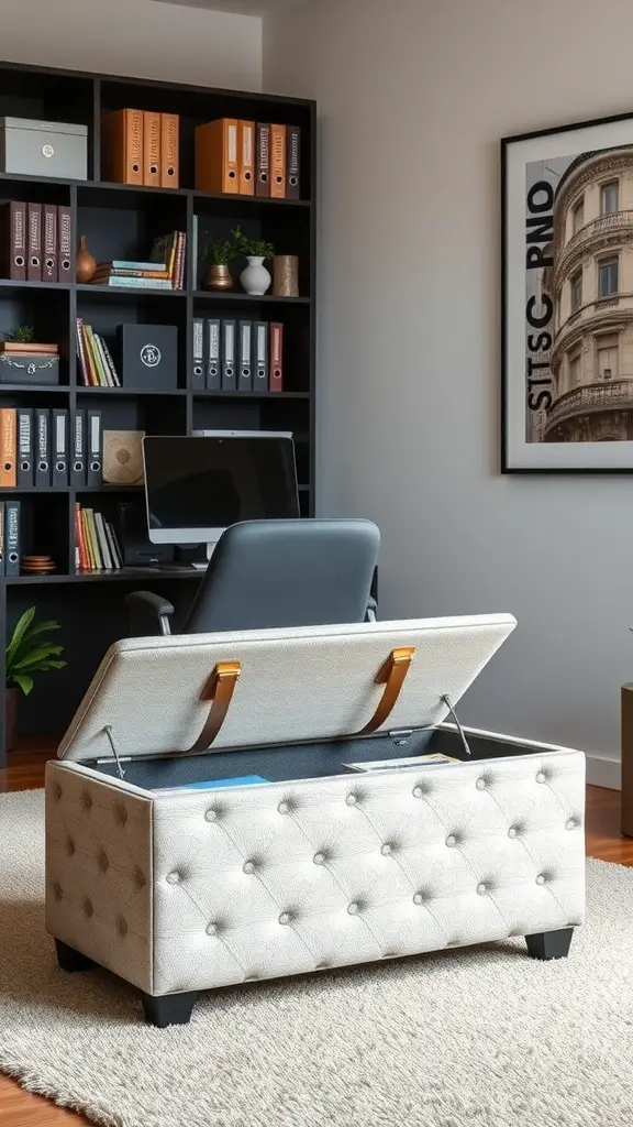 15 Creative Office Storage Ideas to Maximize Space 5 A stylish storage ottoman in an office setting, showcasing its tufted design and spacious interior.