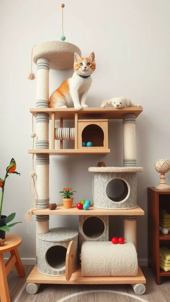 17 Purrfect Cat Apartment Ideas for Happy Felines 5 A multi-level cat tree with a playful cat on top, featuring cozy hideaways and toys.