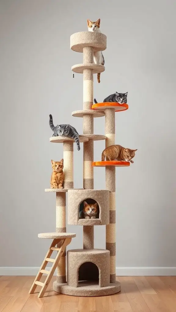 15 Creative Cat Room Ideas You’ll Love 4 A tall multi-level cat tower with several cats on different levels.