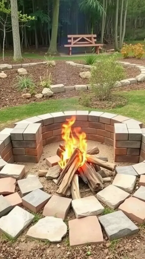 13 Creative Cinder Block Fire Pit Ideas for Your Backyard 5 A multi-level cinder block fire pit surrounded by stones and plants, with a fire burning in the center.