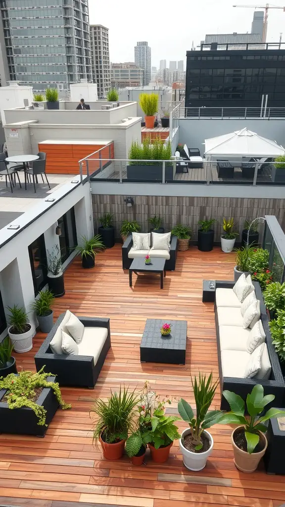 27 Stunning Rooftop Patio Designs for Your Outdoor Oasis 15 A rooftop patio with multi-level decking featuring seating areas and greenery.