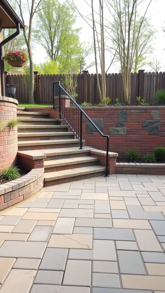 29 Stunning Outdoor Paver Patio Ideas to Transform Your Backyard 10 A multi-level paver patio with steps, seating areas, and surrounding greenery.