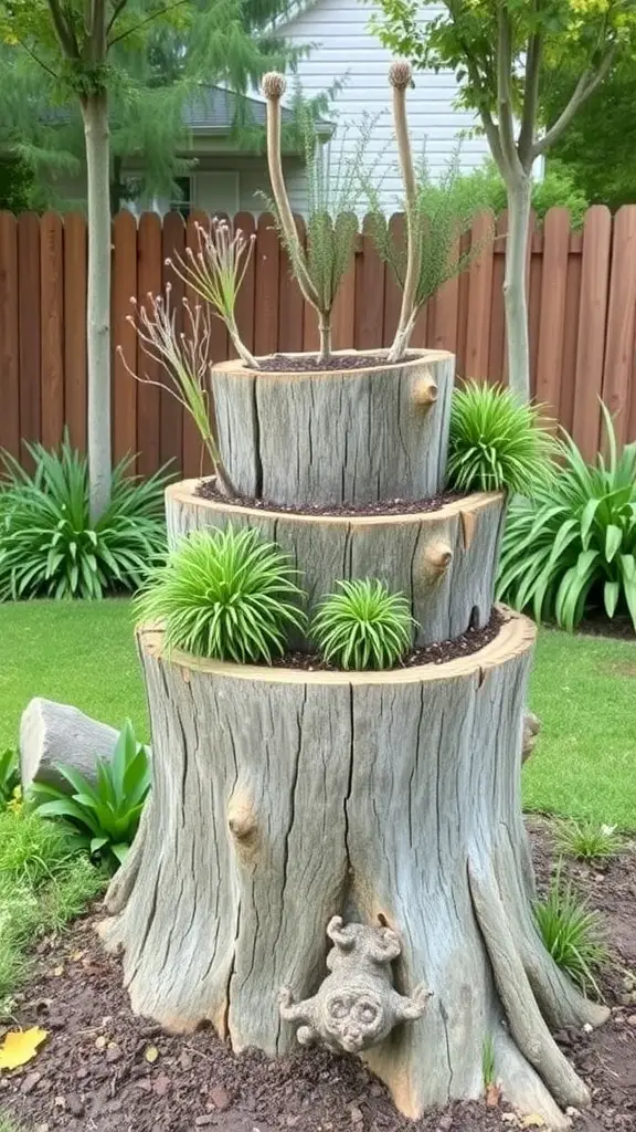 A multi-level tree stump planter with various plants and a small sculpture.