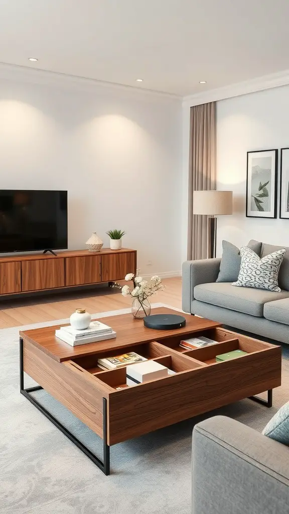 23 Creative Book Storage Ideas for Every Home 11 A modern coffee table with hidden storage compartments, set in a stylish living room.