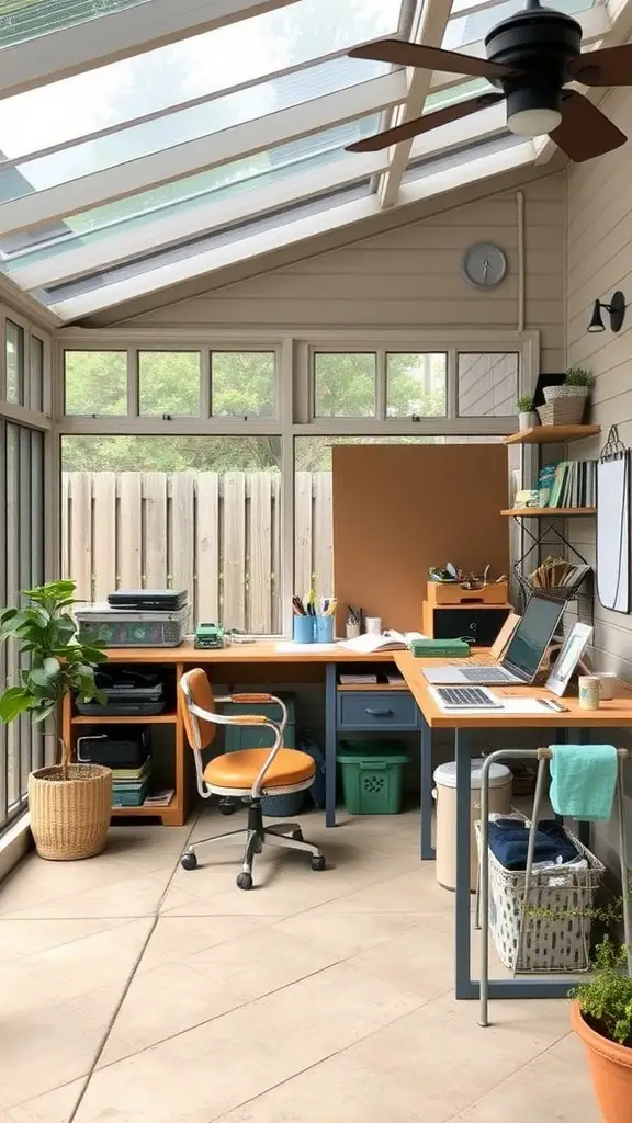 A bright and organized enclosed patio workspace with a desk, chair, and plants.