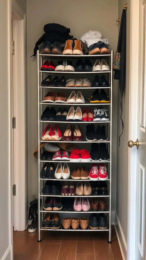 A multi-tier shoe stand filled with various types of shoes, showcasing an organized and space-saving storage solution.