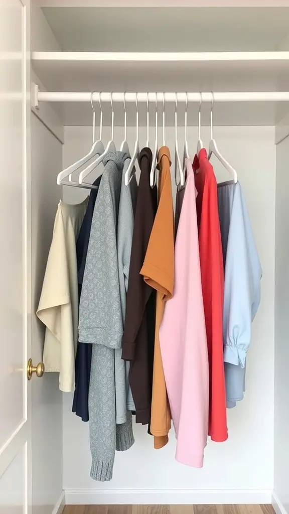 17+ Smart Closet Storage Ideas to Maximize Space 12 A closet with multi-tiered hangers displaying a variety of colorful tops.