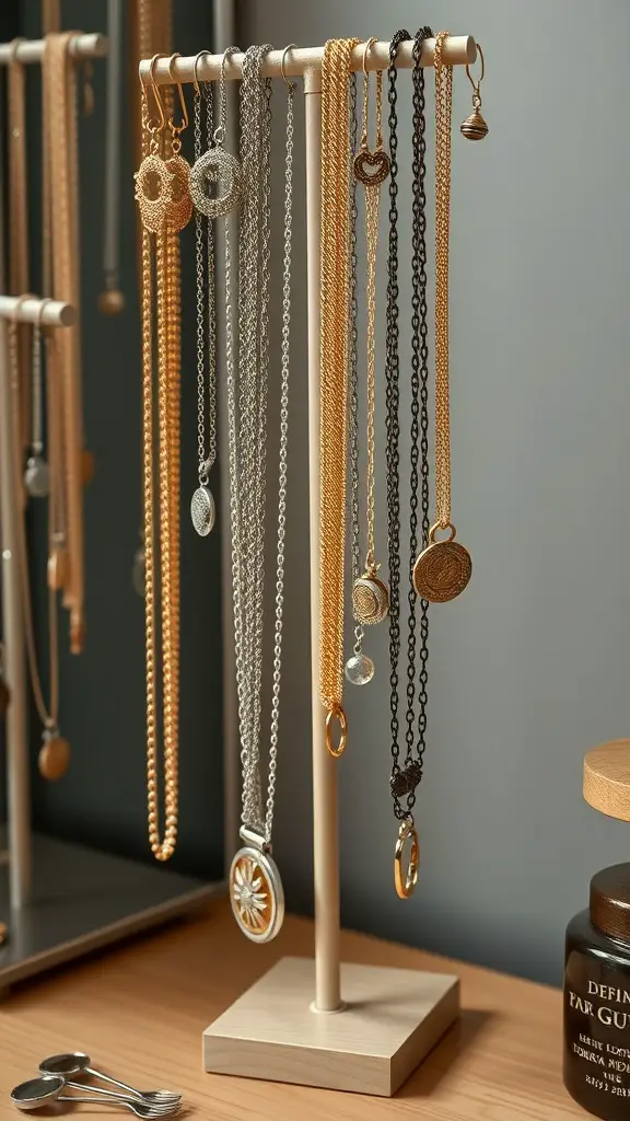 A multi-tiered jewelry stand displaying various necklaces and pendants in gold and silver tones.