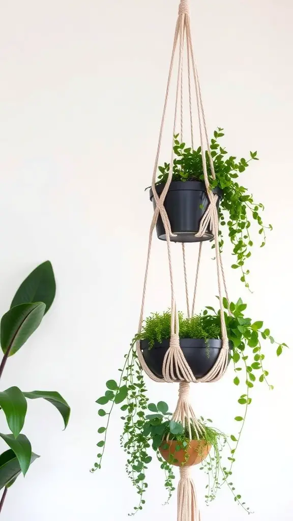 19 Stunning DIY Macrame Plant Hangers to Elevate Your Home Decor 5 Multi-tiered macrame plant hanger with two pots, one black and one terracotta, filled with green plants.