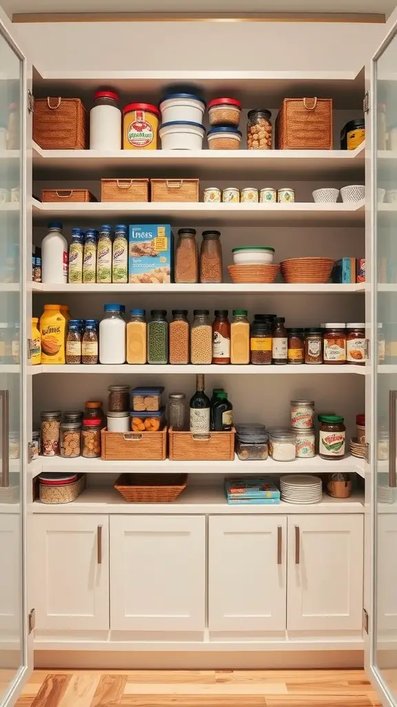 41+Inspiring Pantry Shelving Ideas to Maximize Your Space 12 Organized pantry with multi-tiered shelving displaying various food items in containers and jars.
