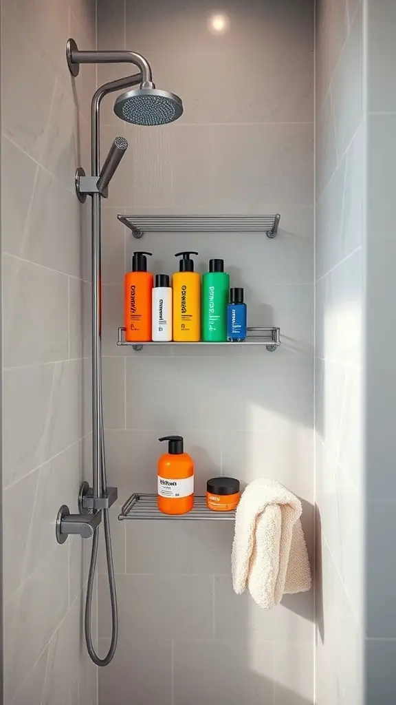 19+Stylish and Functional Shower Caddy Ideas to Organize Your Space 8 A modern shower with a multi-tiered shelf holding colorful shampoo and body wash bottles.