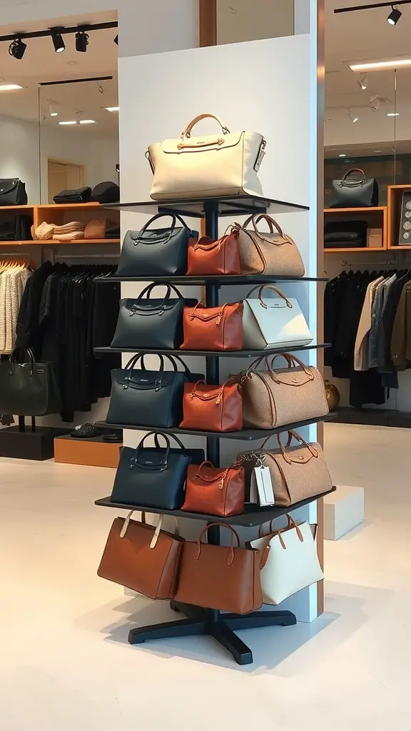 A multi-tiered stand displaying various bags in a retail setting.
