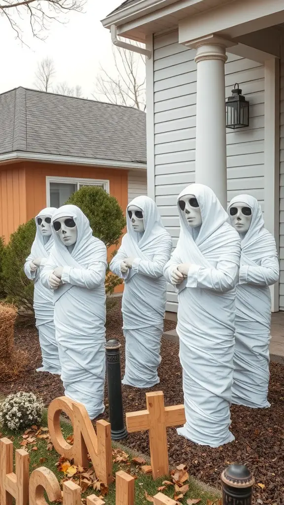 A group of mummy decorations wrapped in white fabric with sunglasses, displayed in a front yard.