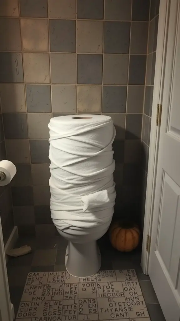 29 Spook-tacular Halloween Bathroom Decor Ideas 15 A toilet wrapped in white fabric resembling a mummy with a small pumpkin beside it.