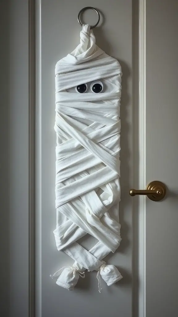 A door decoration resembling a mummy, wrapped in white fabric with googly eyes