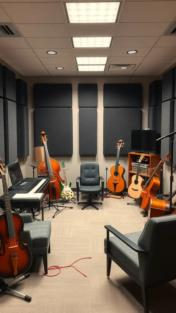 A cozy music room featuring various instruments including guitars, a cello, and a keyboard, with soundproofing panels on the walls.