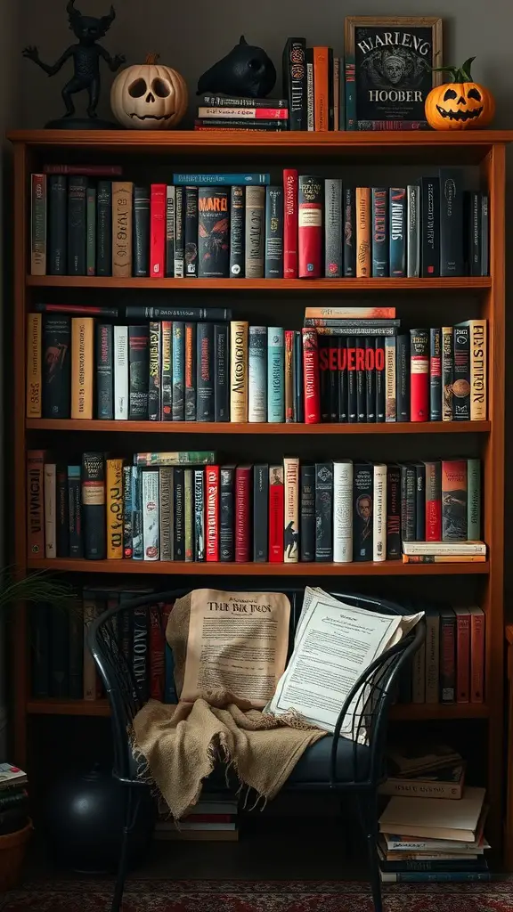 A cozy bookshelf decorated for Halloween with books, a carved pumpkin, and a black cat figurine.