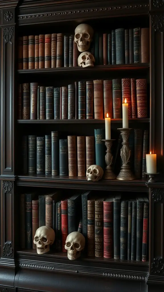 A gothic bookshelf filled with old books, decorated with skulls and candles.